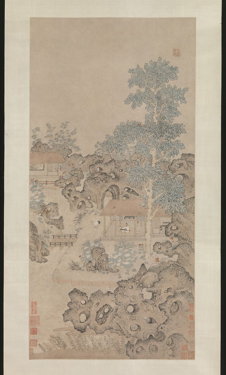 Playing the zither for a crane, Unidentified artist, Hanging scroll; ink and color on paper, China 