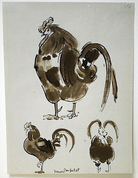 Roosters, Jane Poupelet (French, 1874–1932), Ink and wash with graphite on paper 