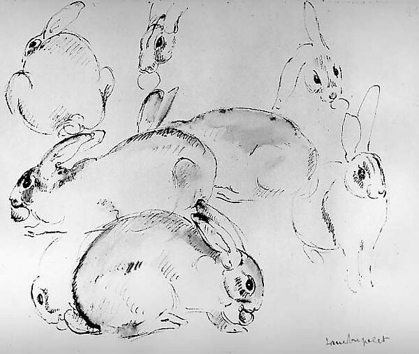 Crouching Rabbits, Jane Poupelet (French, 1874–1932), Ink and wash on paper 