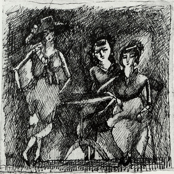Three Women in a Café, Jules Pascin (American (born Bulgaria), Vidin 1885–1930 Paris), Pen and black ink on red-brown paper 
