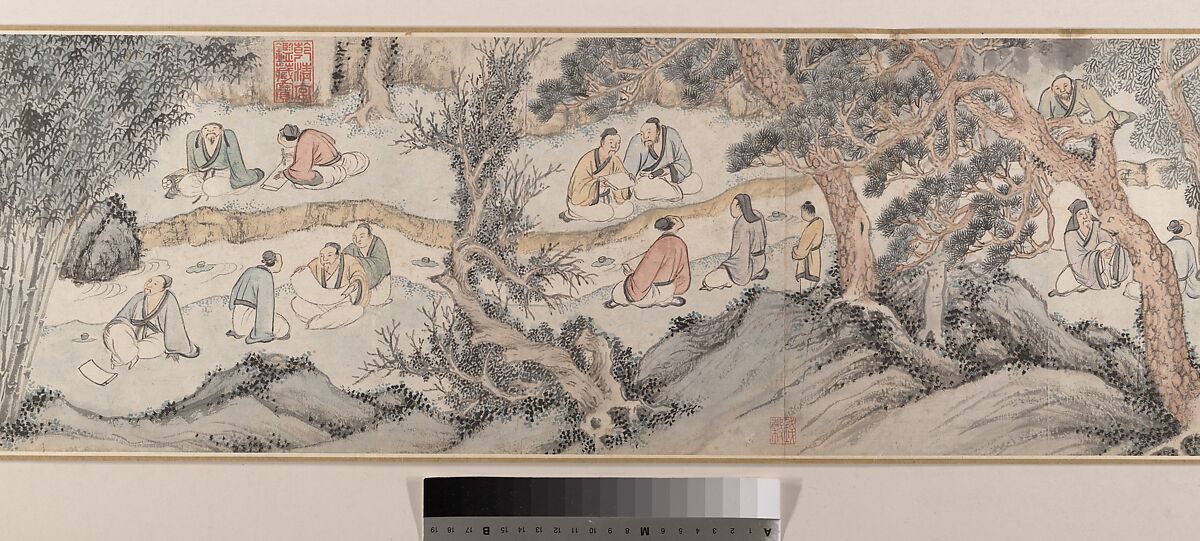 Gathering at the Orchid Pavilion, Qian Gu (Chinese, 1508–ca. 1578), Handscroll; ink and color on paper, China