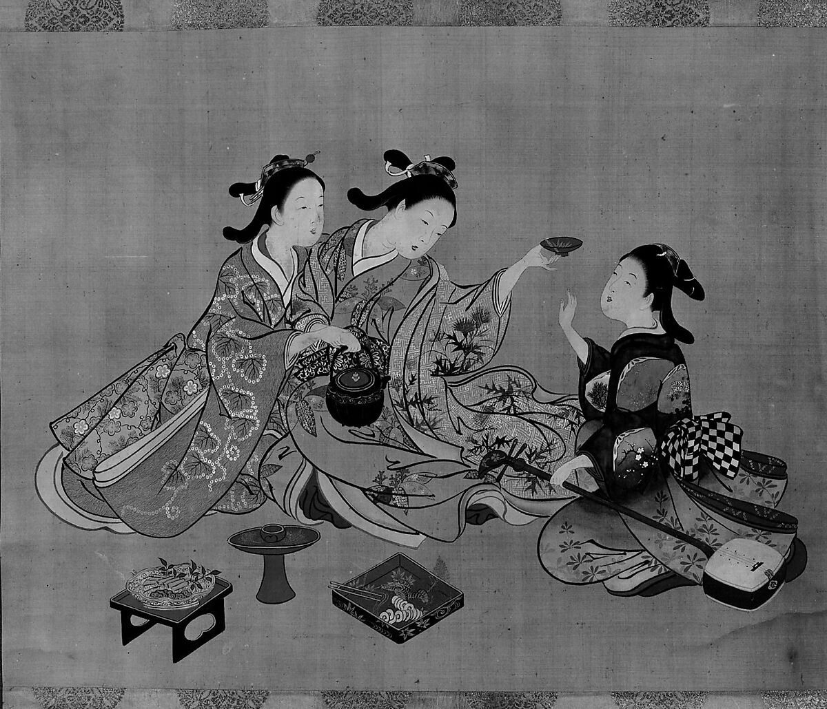 Three Girls Having Tea, Nishikawa Sukenobu (Japanese, 1671–1750), Hanging scroll; ink and color on silk, Japan 