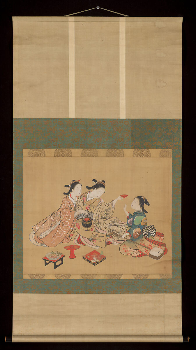Three Girls Having Tea, Nishikawa Sukenobu (Japanese, 1671–1750), Hanging scroll; ink and color on silk, Japan