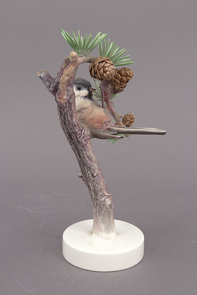 Chickadee and Larch, Dorothy Doughty (British, 1893–1963), Bone china porcelain 