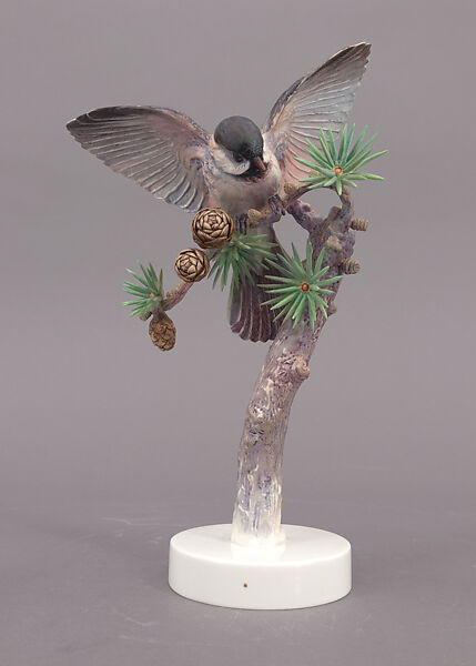 Chickadee and Larch, Dorothy Doughty (British, 1893–1963), Bone china porcelain 