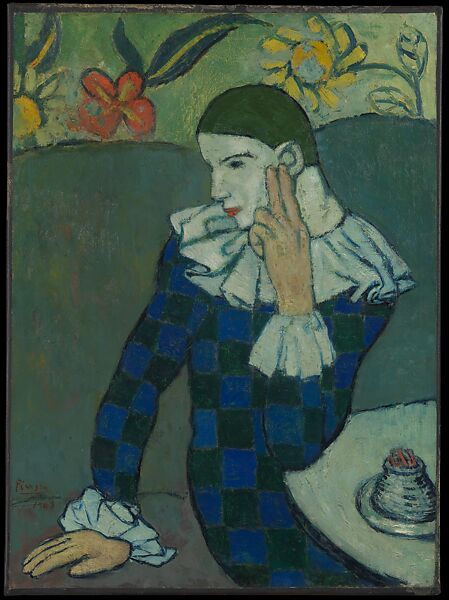 Seated Harlequin, Pablo Picasso (Spanish, Malaga 1881–1973 Mougins, France), Oil on canvas, lined and mounted to a sheet of pressed cork 