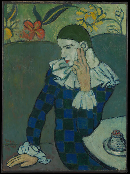 Seated Harlequin, Pablo Picasso  Spanish, Oil on canvas, lined and mounted to a sheet of pressed cork