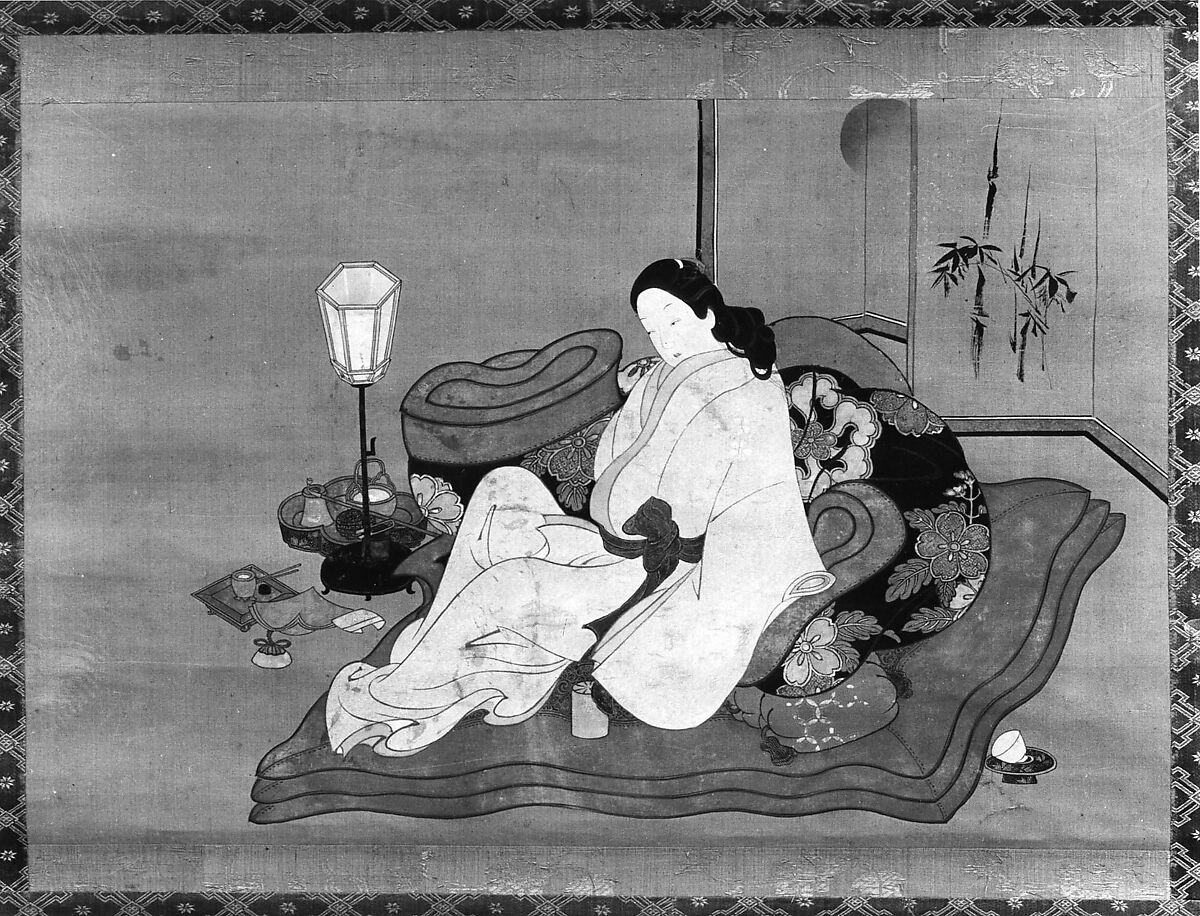 A Lady in Bed, Unidentified artist, Hanging scroll; ink and color on silk, Japan 