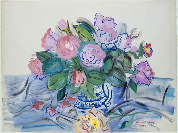 Roses in a Blue Bowl, Raoul Dufy (French, Le Havre 1877–1953 Forcalquier), Opaque watercolor on paper 