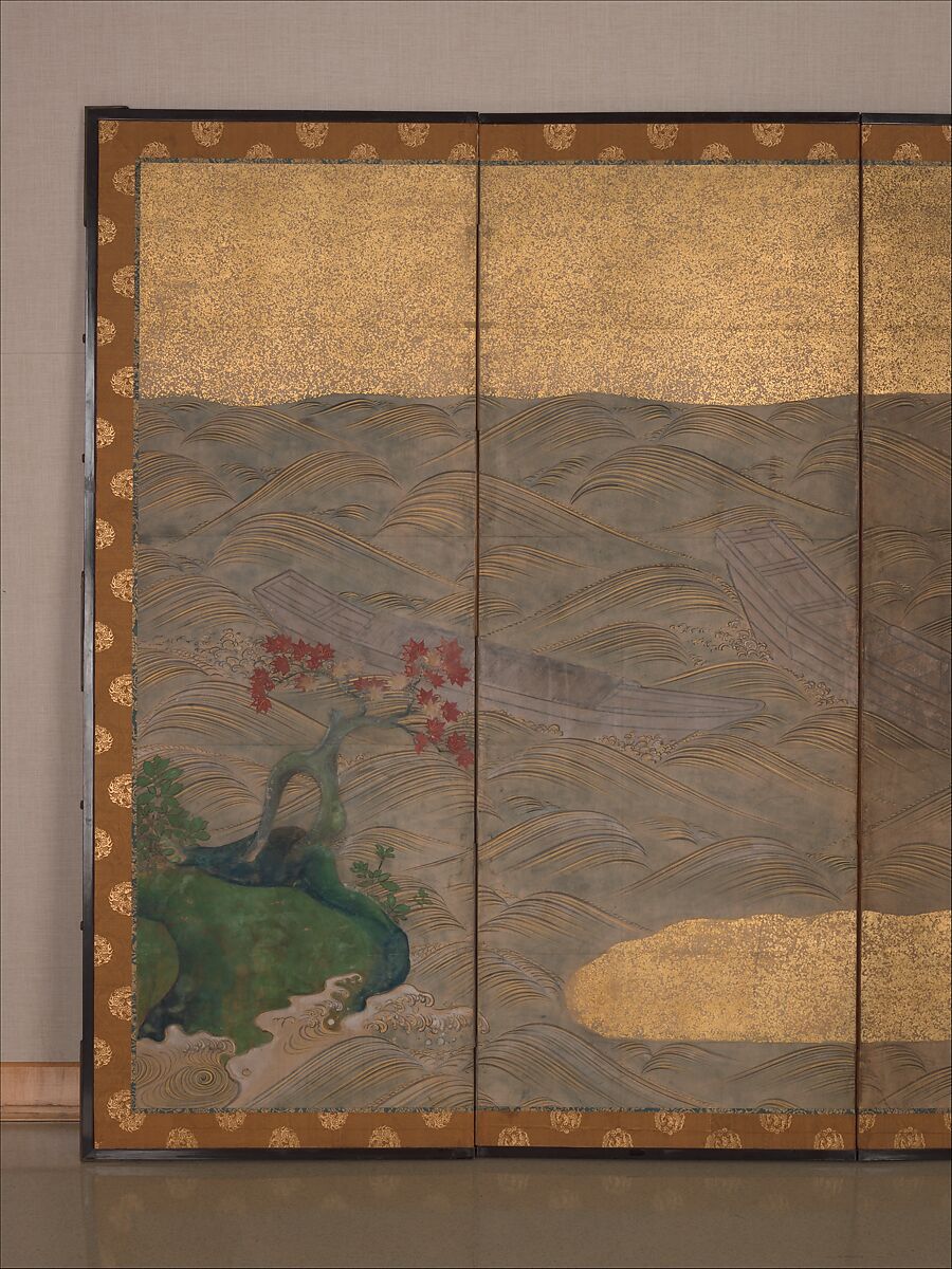 Boats upon Waves, Studio of Tawaraya Sōtatsu (Japanese, ca. 1570–ca. 1640), Six-panel folding screen; ink, color, and gold on paper, Japan