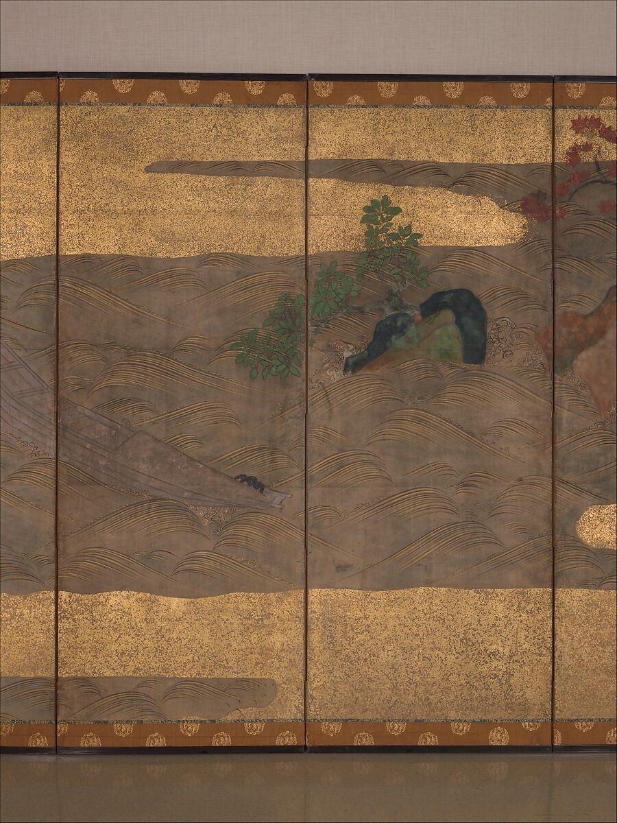 Boats upon Waves, Studio of Tawaraya Sōtatsu (Japanese, ca. 1570–ca. 1640), Six-panel folding screen; ink, color, and gold on paper, Japan