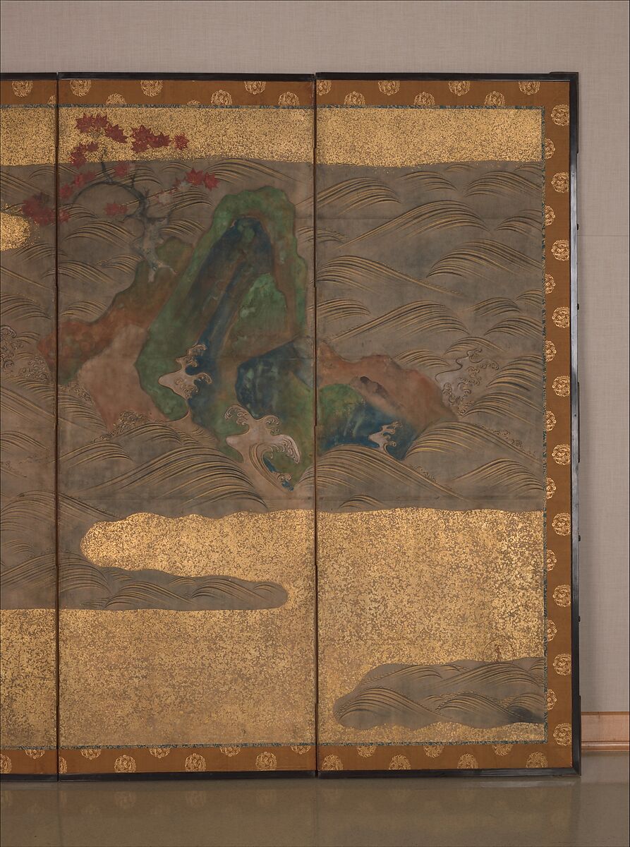 Boats upon Waves, Studio of Tawaraya Sōtatsu (Japanese, ca. 1570–ca. 1640), Six-panel folding screen; ink, color, and gold on paper, Japan
