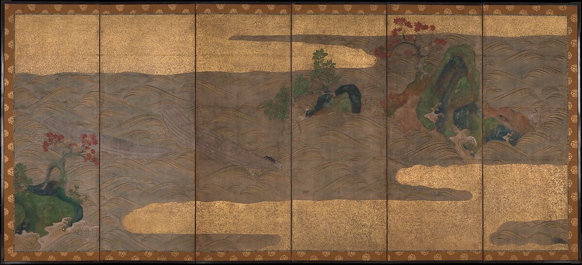 Boats upon Waves, Studio of Tawaraya Sōtatsu (Japanese, ca. 1570–ca. 1640), Six-panel folding screen; ink, color, and gold on paper, Japan 