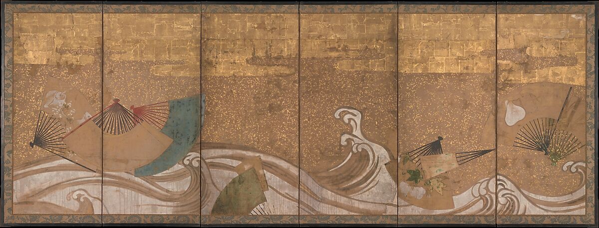 Fans upon Waves, Six-panel folding screen; ink, color, and gold leaf on paper, Japan