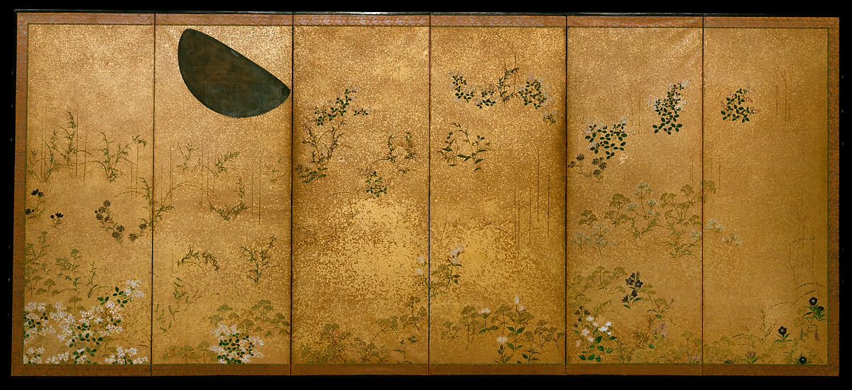Moon and Autumn Grasses, Studio of Tawaraya Sōtatsu (Japanese, ca. 1570–ca. 1640), Pair of six-panel folding screens; ink, color, silver, and gold flecks on paper, Japan 