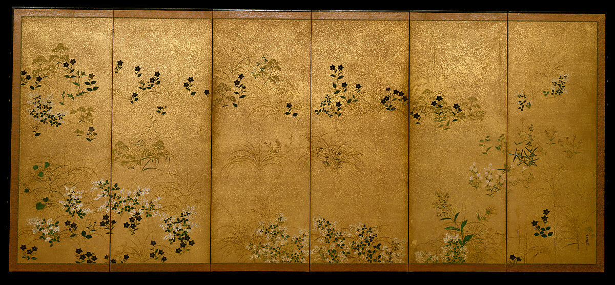 Moon and Autumn Grasses, Studio of Tawaraya Sōtatsu (Japanese, ca. 1570–ca. 1640), Pair of six-panel folding screens; ink, color, silver, and gold flecks on paper, Japan