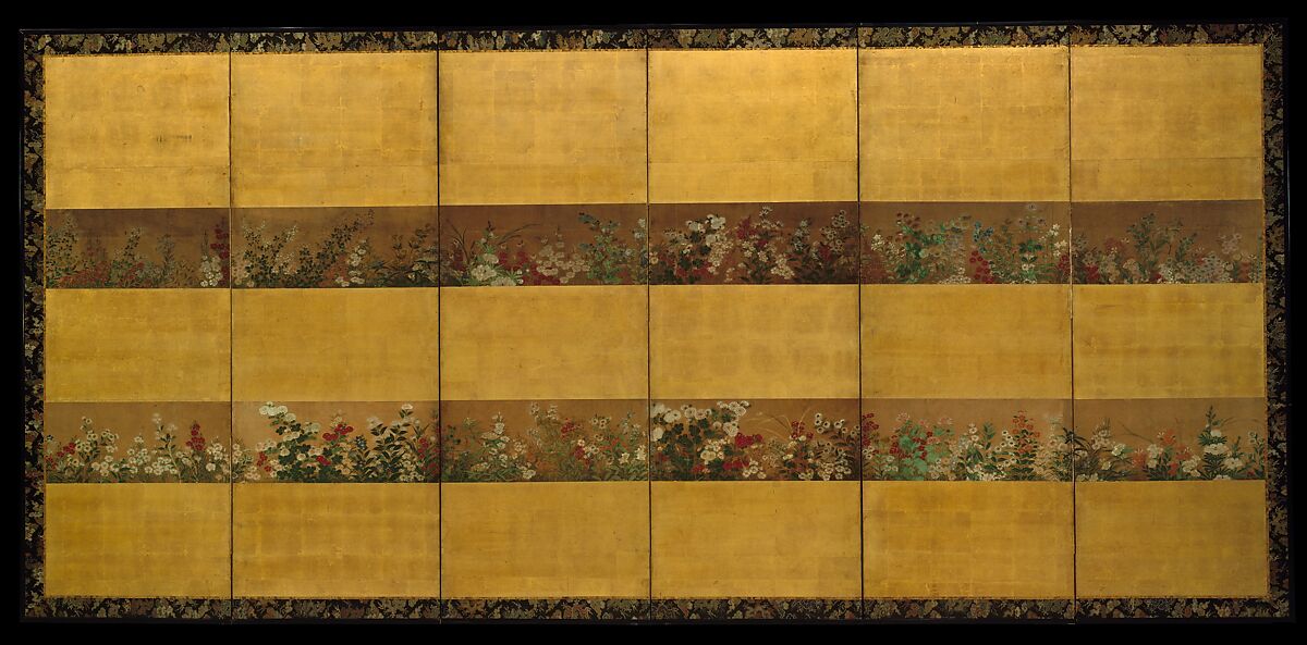 Autumn Flowers, Six-panel folding screen; ink and color on gilded paper, Japan 
