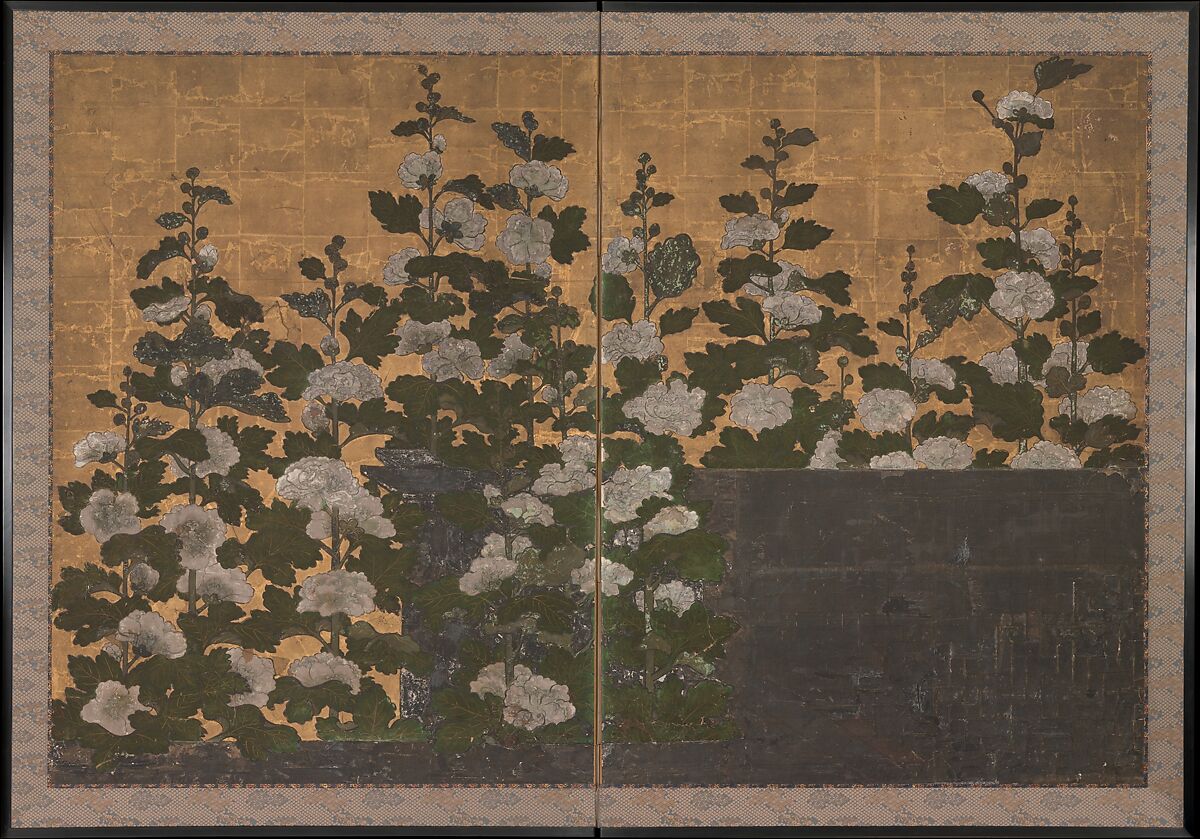 Hollyhocks, Two-panel folding screen; ink, color, and gold on paper, Japan 