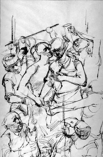 Study for The Judas Kiss: Christ and Judas, Stephen Greene (American, New York 1917–1999 Valley Cottage, New York), Pen and dark red ink on tracing paper 