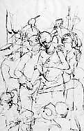 Study for Judas Kiss: Christ and Judas, Stephen Greene (American, New York 1917–1999 Valley Cottage, New York), Pen and dark red ink on tracing paper  