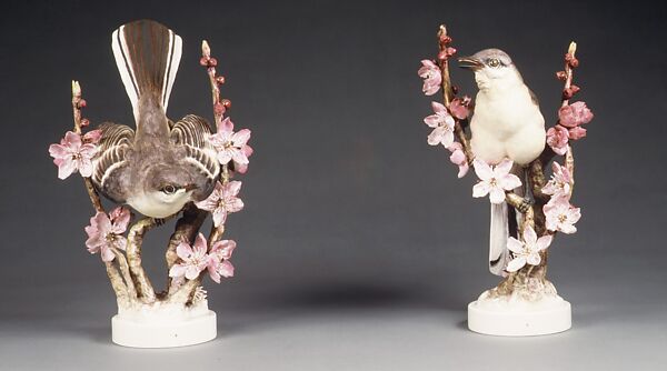 Mocking Bird and Peach Blossom, Dorothy Doughty (British, 1893–1963), Glazed bone china 