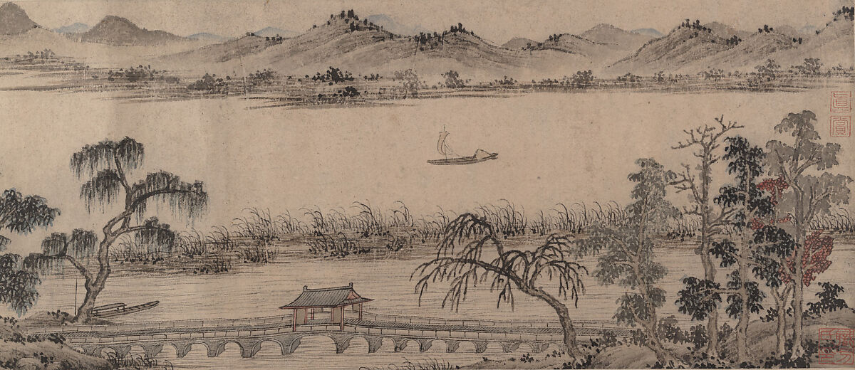 Pavilion of the Hovering Rainbow Bridge, Unidentified artist Chinese, Handscroll; ink and color on paper, China 