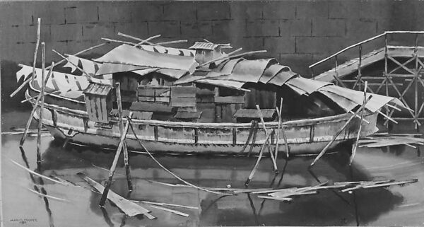 Houseboat, Tokyo Canal, Mario Cooper (American, 1905–1995), Watercolor on paper 