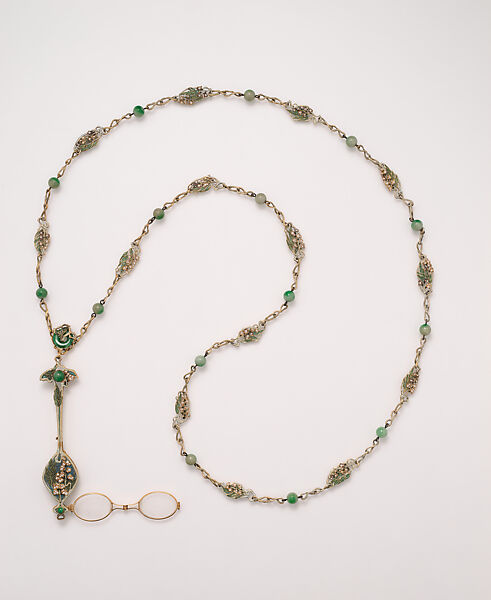 Lorgnette and chain, René-Jules Lalique (French, Aÿ 1860–1945 Paris), Gold, enamel, diamonds, jade, glass 
