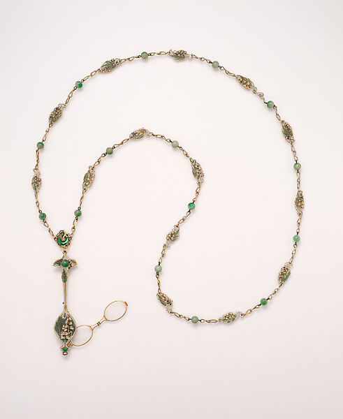 Lorgnette and chain, René-Jules Lalique (French, Aÿ 1860–1945 Paris), Gold, enamel, diamonds, jade, glass