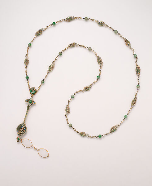 Lorgnette and chain, René-Jules Lalique (French, Aÿ 1860–1945 Paris), Gold, enamel, diamonds, jade, glass