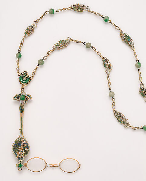 Lorgnette and chain, René-Jules Lalique (French, Aÿ 1860–1945 Paris), Gold, enamel, diamonds, jade, glass