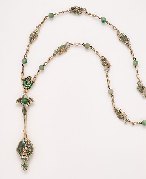 Lorgnette and chain, René-Jules Lalique (French, Aÿ 1860–1945 Paris), Gold, enamel, diamonds, jade, glass