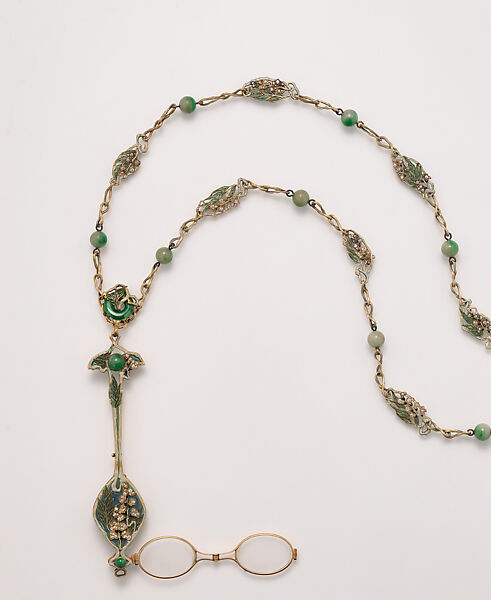 Lorgnette and chain, René-Jules Lalique (French, Aÿ 1860–1945 Paris), Gold, enamel, diamonds, jade, glass