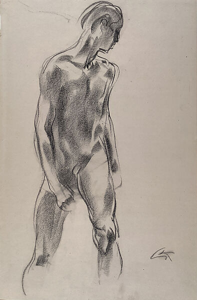 Standing Nude Youth, Georg Kolbe (German, Waldheim 1877–1947 Berlin), Black chalk on paper mounted on board 