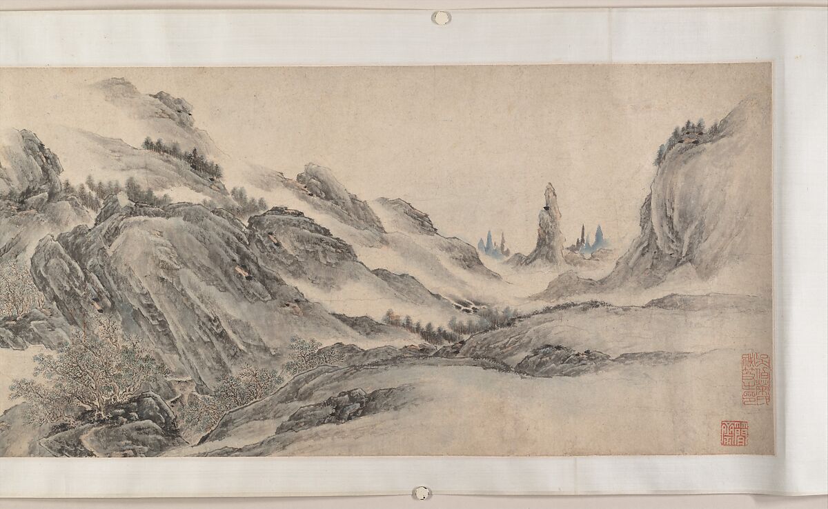 Landscape after Dong Yuan, Juran, Ma Yuan, and Xia Gui, Li Zai (Chinese, active 17th century) ?, Handscroll; ink and color on paper, China