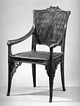 Arm chair, Lucien Lévy-Dhurmer (French, Algiers 1865–1953 Le Vésinet), Walnut, leather, brass 