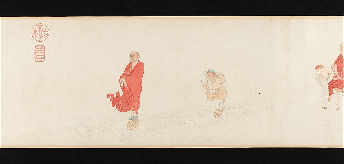 The Sixteen Luohans, Wu Bin (active ca. 1583–1626), Handscroll; ink and color on paper, China