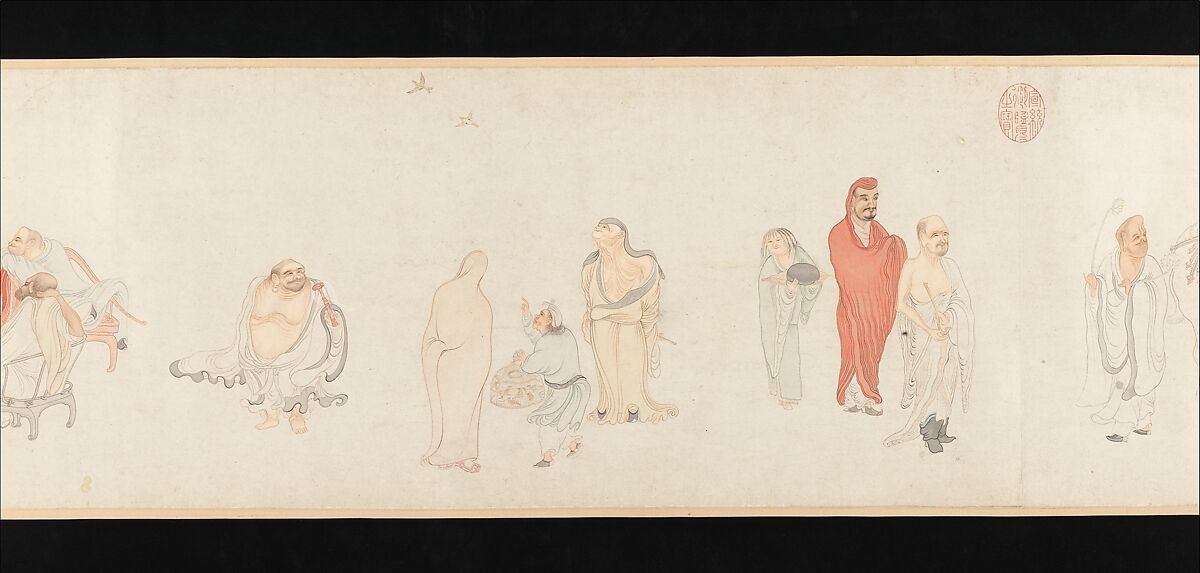 The Sixteen Luohans, Wu Bin (active ca. 1583–1626), Handscroll; ink and color on paper, China