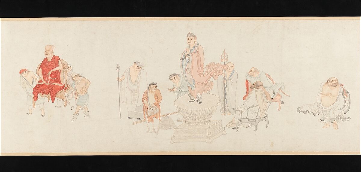 The Sixteen Luohans, Wu Bin (active ca. 1583–1626), Handscroll; ink and color on paper, China