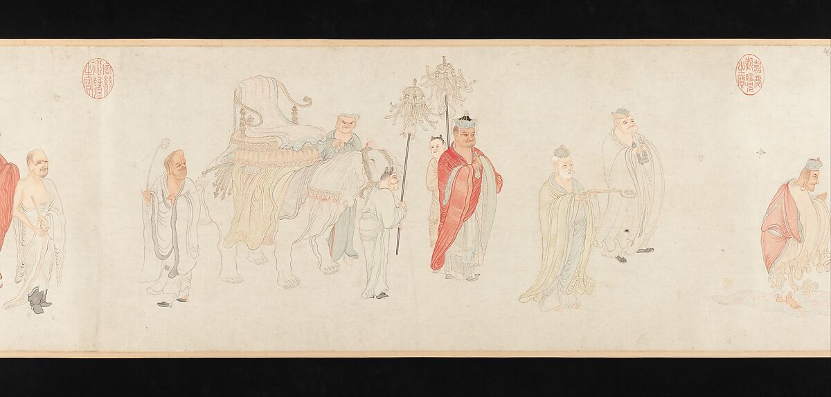 The Sixteen Luohans, Wu Bin (active ca. 1583–1626), Handscroll; ink and color on paper, China