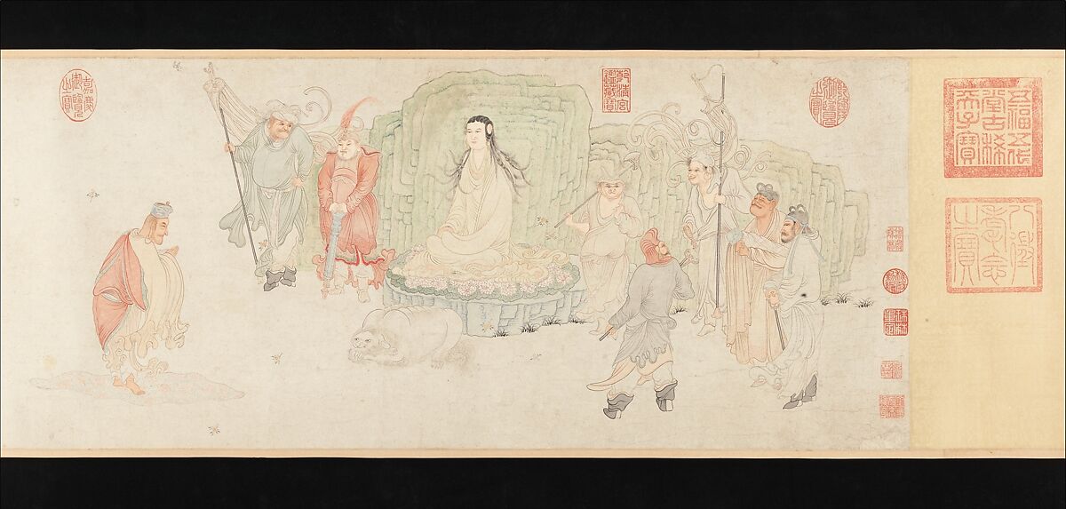 The Sixteen Luohans, Wu Bin (active ca. 1583–1626), Handscroll; ink and color on paper, China