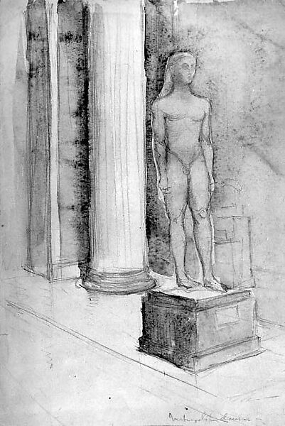 Statue of a Kouros in the Metropolitan Museum of Art (recto); Studies of Birds (verso), Boris Solotareff (American (born Romania), Bendare 1889–1966 New York), Graphite and watercolor on paper 