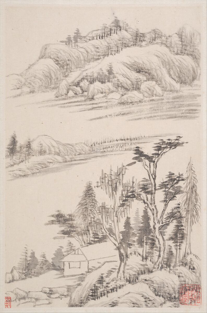 Landscapes after old masters, Dong Qichang (Chinese, 1555–1636), Album of eight leaves; ink on paper, China