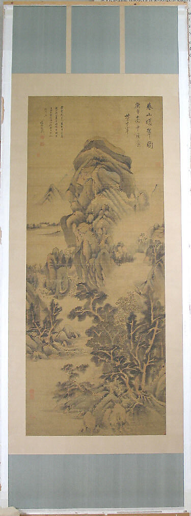 Spring Mountains over Warm Greenery, Dong Qichang (Chinese, 1555–1636) (and assistants), Hanging scroll; ink and color on silk, China