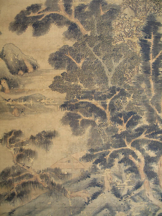Spring Mountains over Warm Greenery, Dong Qichang (Chinese, 1555–1636) (and assistants), Hanging scroll; ink and color on silk, China