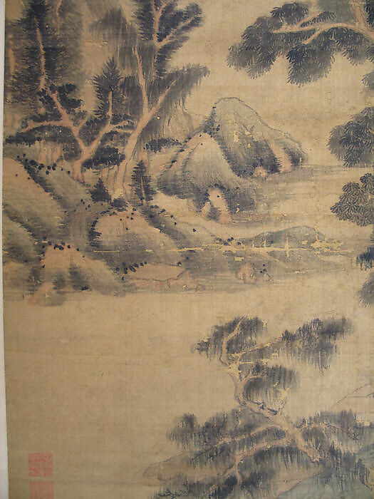 Spring Mountains over Warm Greenery, Dong Qichang (Chinese, 1555–1636) (and assistants), Hanging scroll; ink and color on silk, China