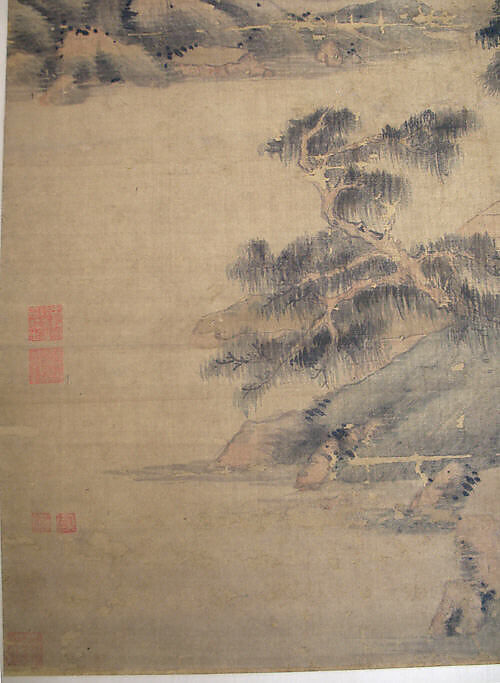 Spring Mountains over Warm Greenery, Dong Qichang (Chinese, 1555–1636) (and assistants), Hanging scroll; ink and color on silk, China