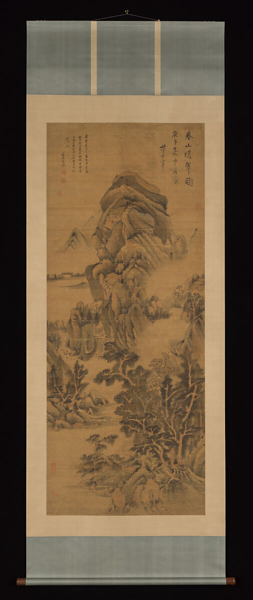 Spring Mountains over Warm Greenery, Dong Qichang (Chinese, 1555–1636) (and assistants), Hanging scroll; ink and color on silk, China