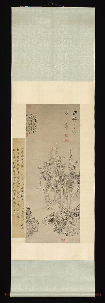 Landscape with Trees in the Manner of Ni Zan (1301–1374), Dong Qichang (Chinese, 1555–1636), Hanging scroll; ink on paper, China