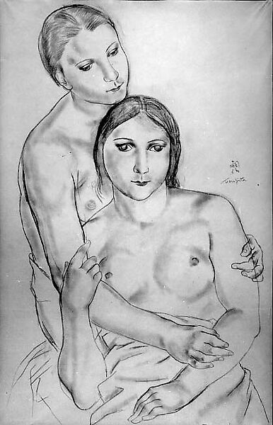 Two Girls, Tsuguharu Foujita (French (born Japan), Tokyo 1886–1968 Zurich), Graphite and charcoal on tracinf paper 
